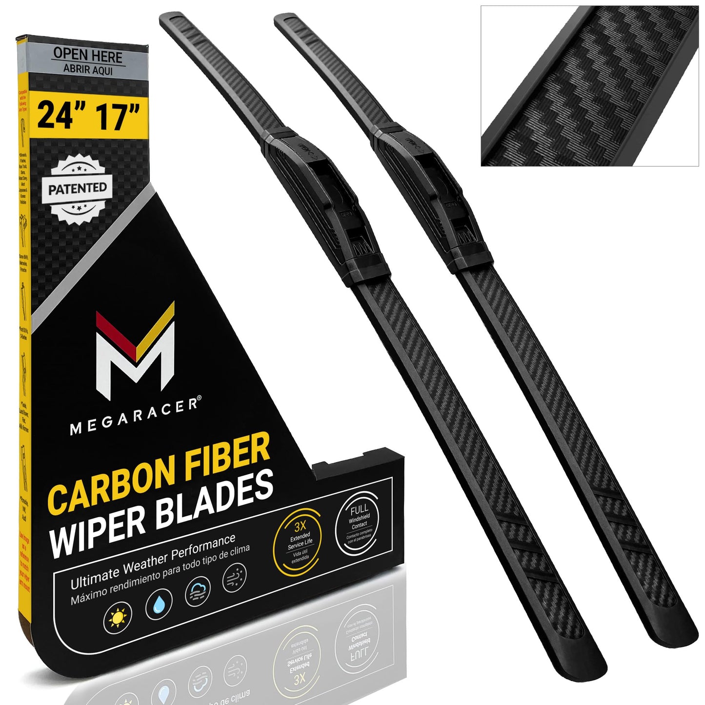 Premium Silicone Carbon Fiber Windshield Wiper Blades 24" & 17" - Patented All-Season, Quiet & Smooth Streak-Free Clean Wipe, OEM Quality, Front Automotive Replacement Wipers for Car & Truck (2 Pack)