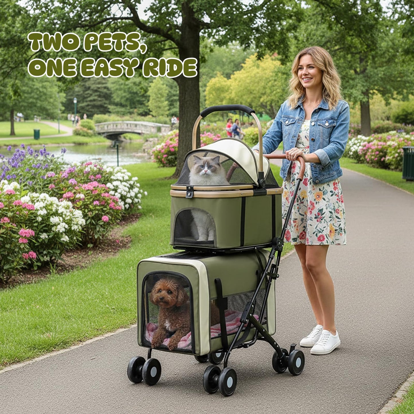 Beuway Double Pet Stroller for Dogs and Cats, One-Step Folding Dog Stroller Travel Carriage for Small Medium Dogs Cats, 2 Detachable Carrier Bags, 4 Lockable Wheels (Army Green)