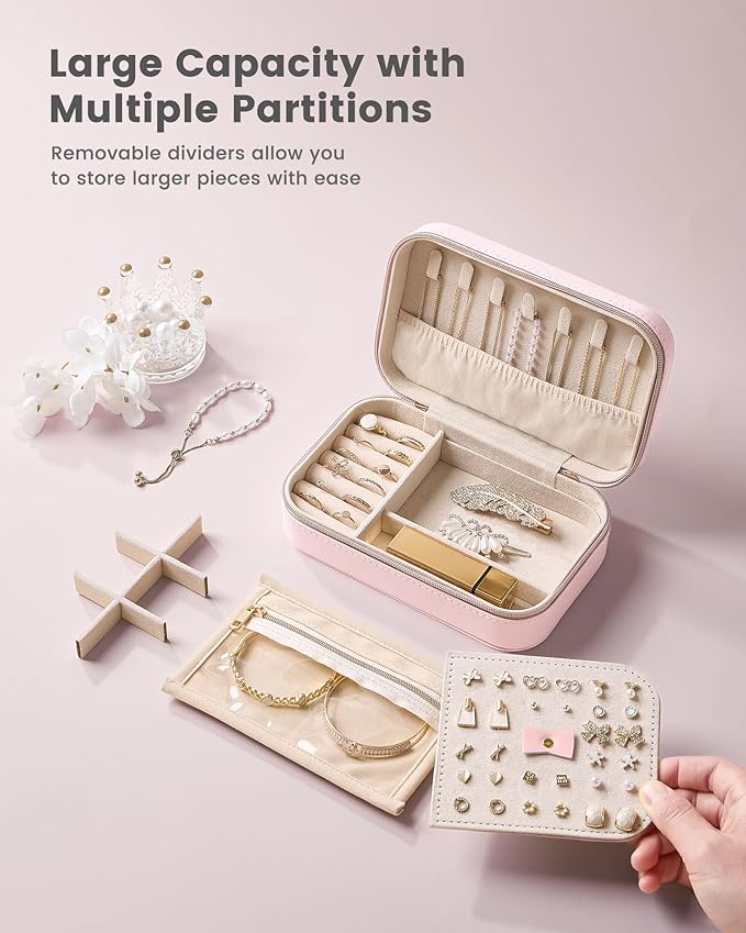 Lolalet Travel Jewelry Case for Women Girls, Travel Jewelry Organizer with Clear Storage Bag Small Portable Jewelry Box for Necklace Bracelet Earring Ring Birthday Bridesmaid Gifts -Medium/Pink