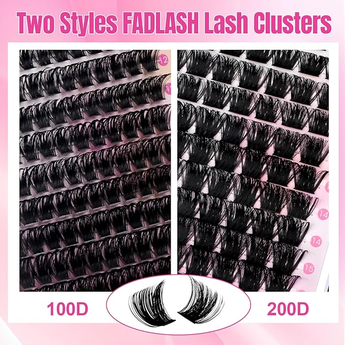 FADLASH Lash Clusters Natural Eyelash Clusters 100D+200D Fluffy Lashes Extensions 8-16mm D Curl DIY at Home (100D+200D, 2 Pack)