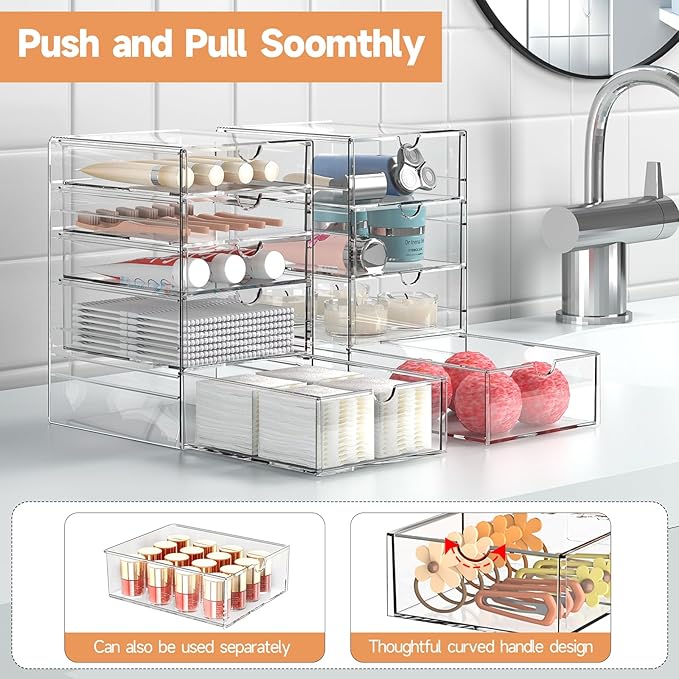 Makeup Drawer Storage Organizer with 16 Drawers, 4 Set Acrylic Office Desk Organization and Storage, Dustproof Drawer Organizer for Makeup, Office, Countertop, Jewelry, Pen, Desktop, Bathroom, Bedroom