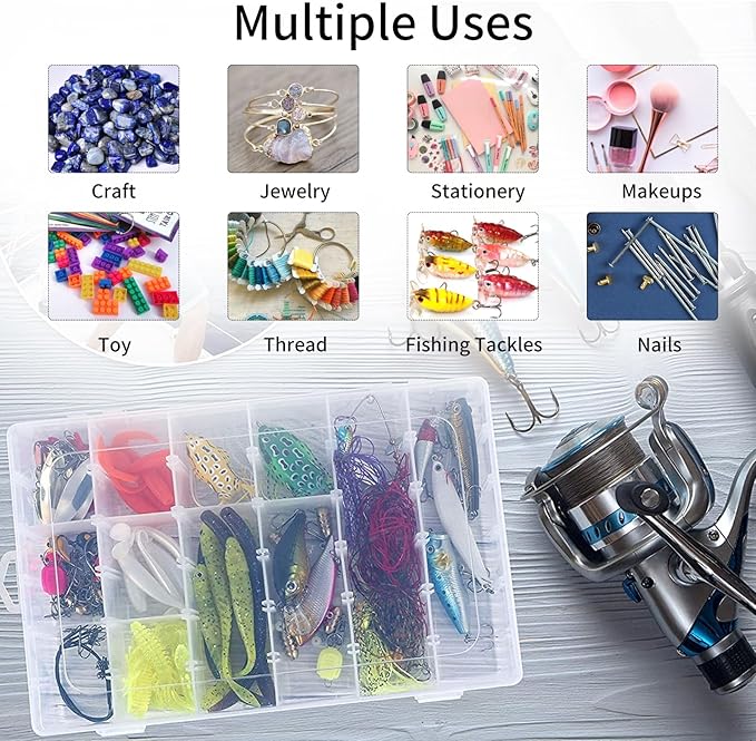OUTUXED 2 Pack 36 Grids Clear Plastic Bead Organizer Box, Fishing Tackle Box Compartment Organizer with Adjustable Dividers for Jewelry, Art Craft, Bead Storage Containers with 5 Sheets Label Stickers