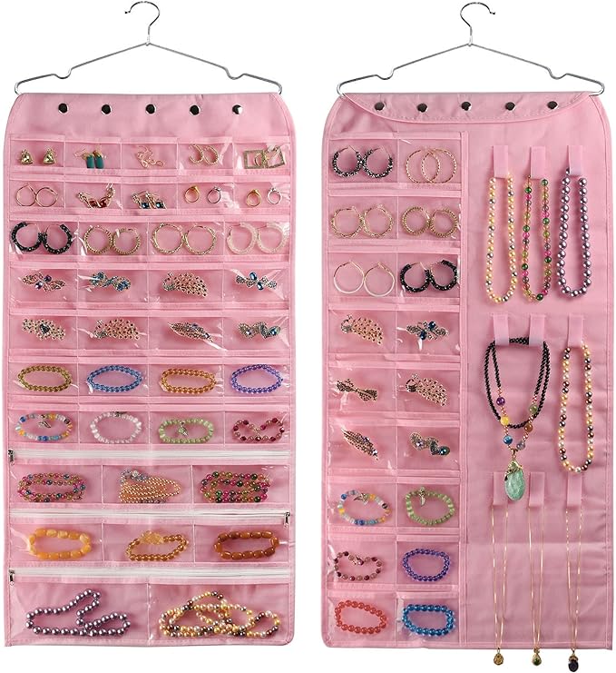 BB Brotrade Hanging Jewelry Organizer,Accessories Organizer,56 Pocket Organizer for Holding Jewelries (Pink-56 Pockets)