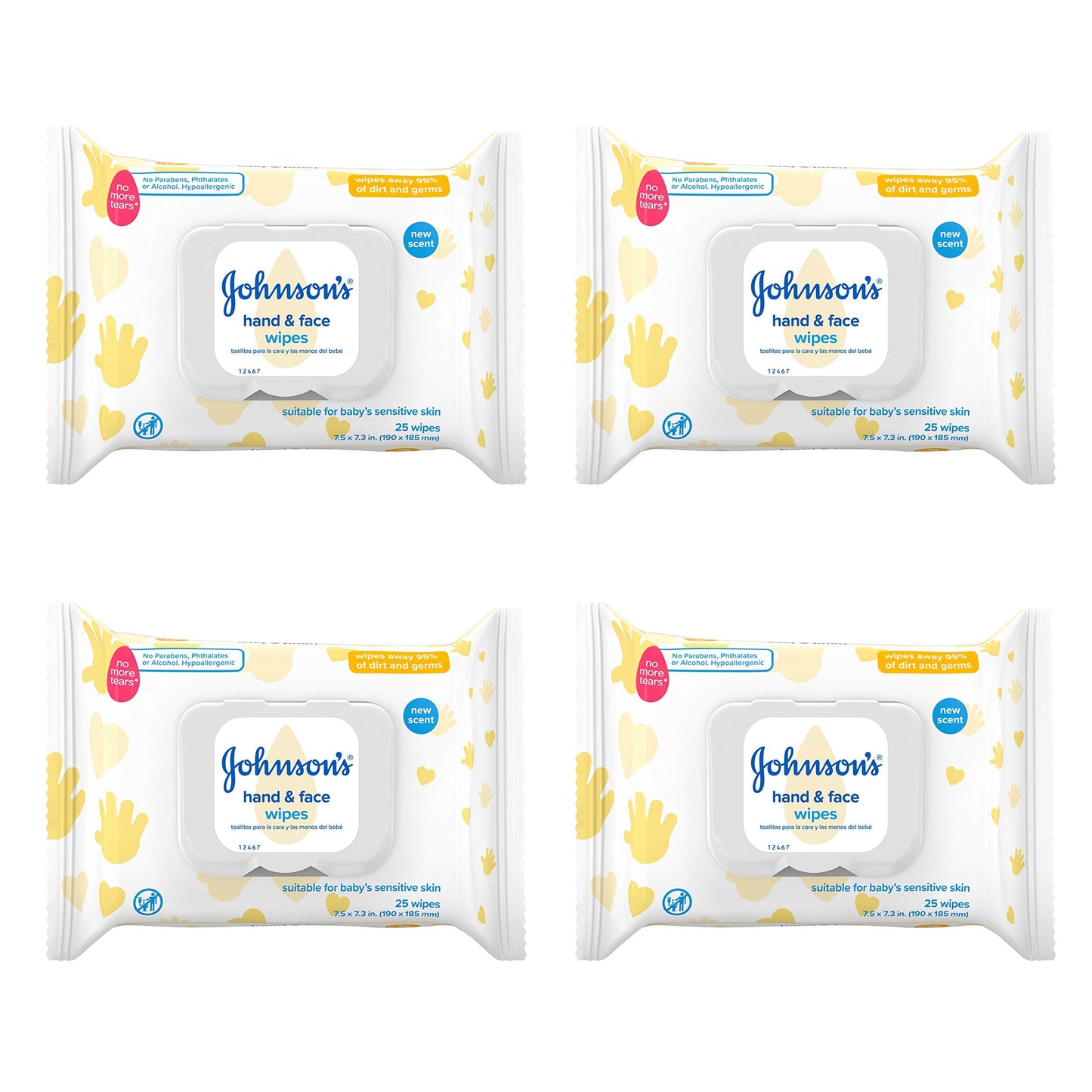 Johnson's Baby Hand & Face Baby Sanitizing Cleansing Wipes for Travel and On-The-Go, No More Tears Formula, Paraben and Alcohol Free, 25 ct, Case of 4