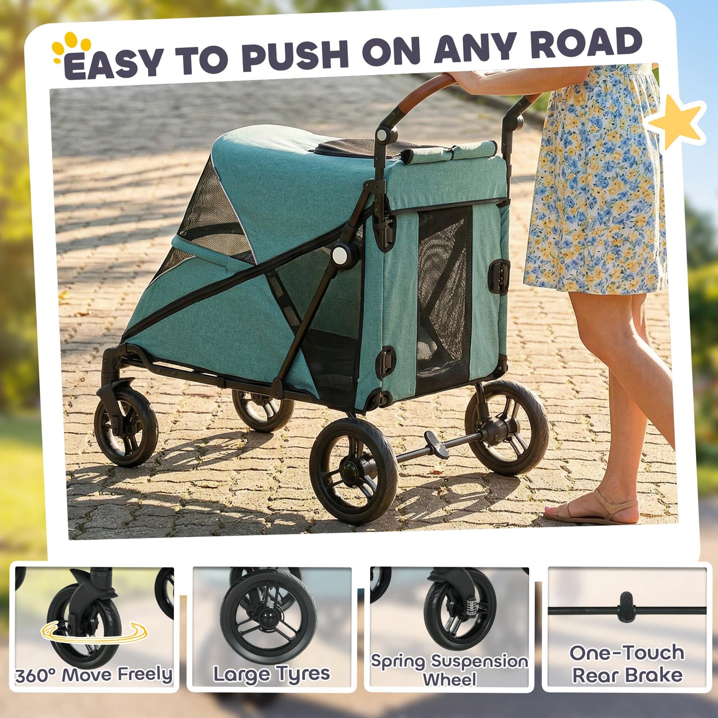 PawHut Dog Stroller for Large Dogs, One-Click Folding 4 Wheel Large Pet Stroller Wagon for Multiple Pets, All Terrain Spring Suspension w/ 8-Position Adjustable Handle, Mesh Window, Up to 66 LBS, Teal
