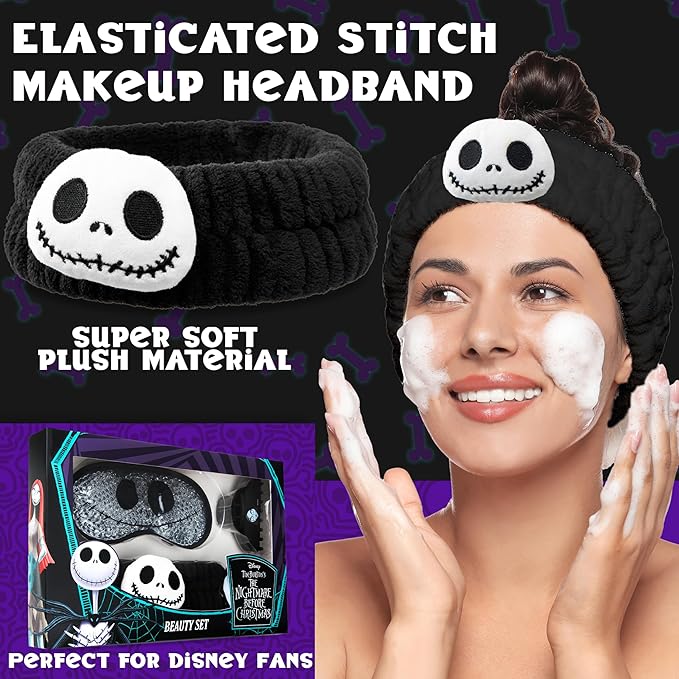 Disney The Nightmare Before Christmas Beauty Accessories Set for Women, Teens with Eye Mask Eye Pads Headband Claw Clip Pampering Gifts for Women, Wife, Girlfriend (Black)