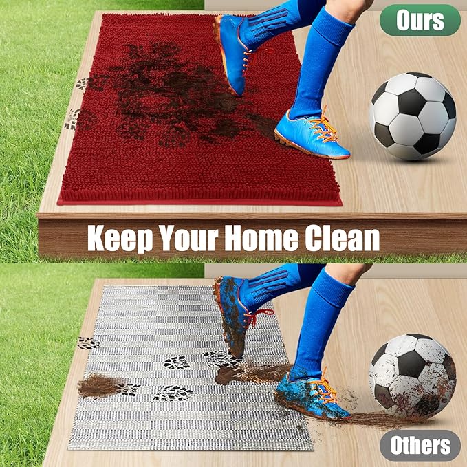 IM HOME Chenille Absorbent Outdoor Doormat 60" x 36", Washable Muddy Door Mats for Dog Non Slip Indoor Doormat Soft Front Inside Doormats for Entryway, Mud Dog Paws, Patio Red Burgundy