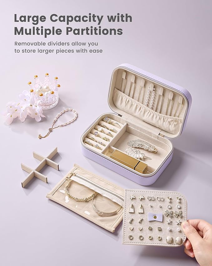 Lolalet Travel Jewelry Case for Women Girls, Travel Jewelry Organizer with Clear Storage Bag Small Portable Jewelry Box for Necklace Bracelet Earring Ring Birthday Bridesmaid Gifts -Medium/Purple