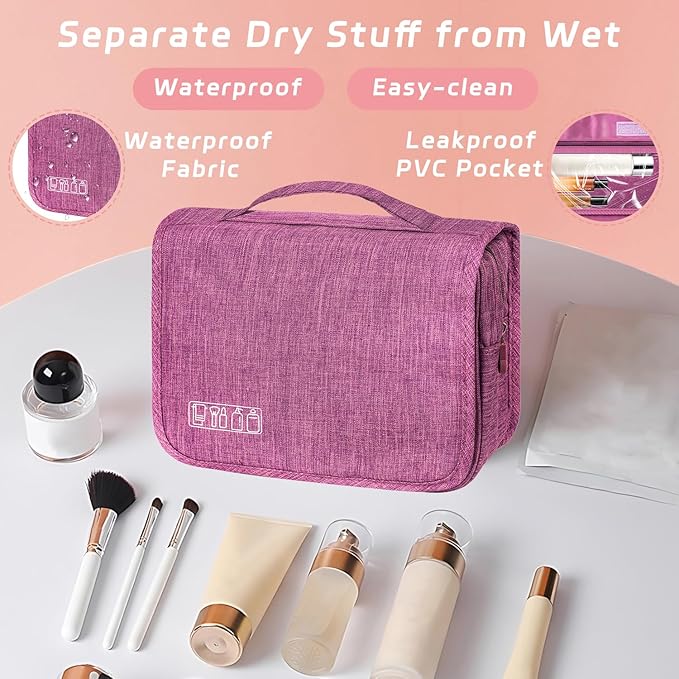 Toiletry Bag Travel Bag with Hanging Hook, Waterproof Capacity Hanging Multifunctional Makeup Bag for Toiletries, Portable Cosmetic Bag Travel Organizer for Women and Men(Purple)