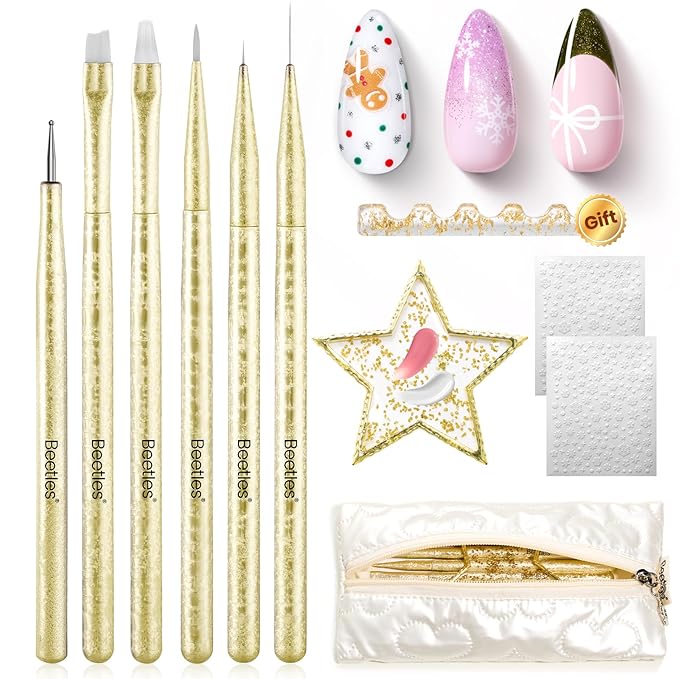 Beetles Christmas Nail Art Brushes 6pcs Ã¢ÂÂ Golden Gleam Nail Art Tools Liner Brushes for Nails Dotting Tool Gradient/French/Petal Manicure Design Pen with Star Palette Holder Nails Stickers Pouch Bag