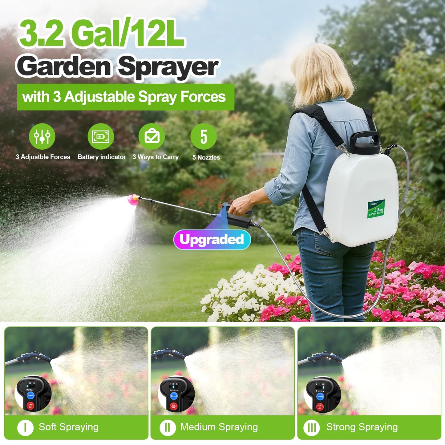 VAXMAY Battery Powered Sprayer 3.2 Gallon, Backpack Sprayer with 3 Adjustable Forces, Battery Indicator, 5 Mist Nozzles, 41" Retractable Wand, USB Rechargeable Garden Sprayer for Weed Lawn Yard