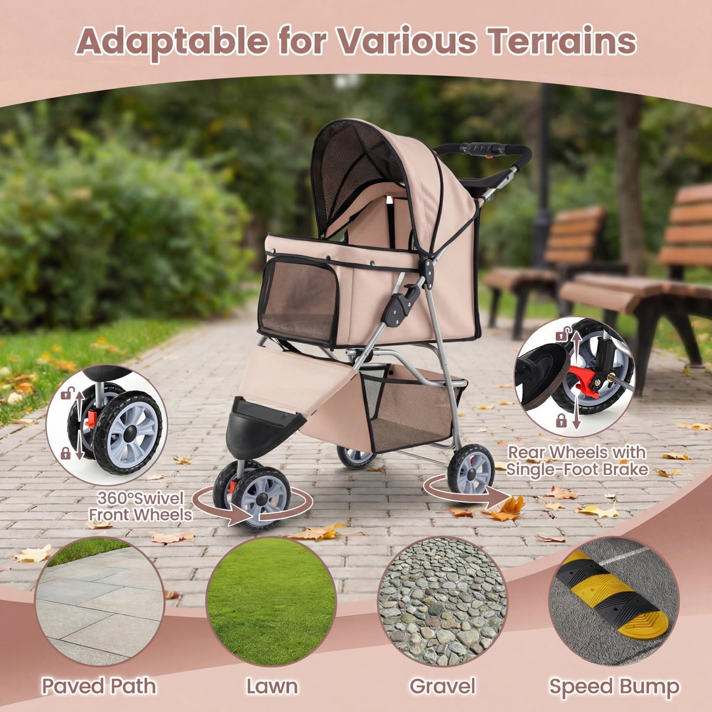 Giantex 3 Wheel Foldable Dog Stroller for Small Dogs Cats, Lightweight Pet Stroller with Lockable Wheels, One-Hand Quick Fold, Mesh Windows, Safety Leash & Storage Basket, Pet Travel Stroller (Beige)