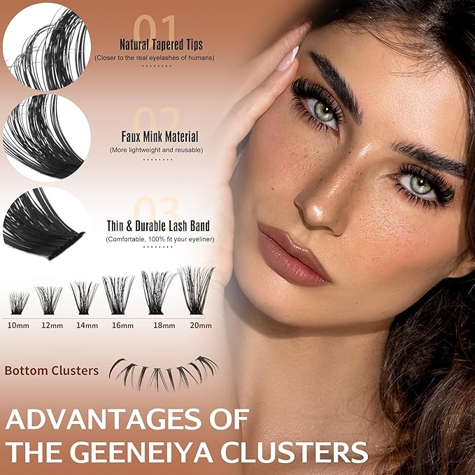 Geeneiya Cluster Eyelash Extensions with Bottom Lash Clusters 10-20mm DIY Lash Extension Wispy Volume Eyelash Clusters and Manga Spike Under Lashes for Beginners
