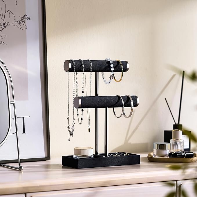 2 Tier Bracelet Holder Display - Detachable T Bar Black Velvet Bracelet Holder, Jewelry Holder Organizer for Bracelet, Necklace, Earrings, Rings