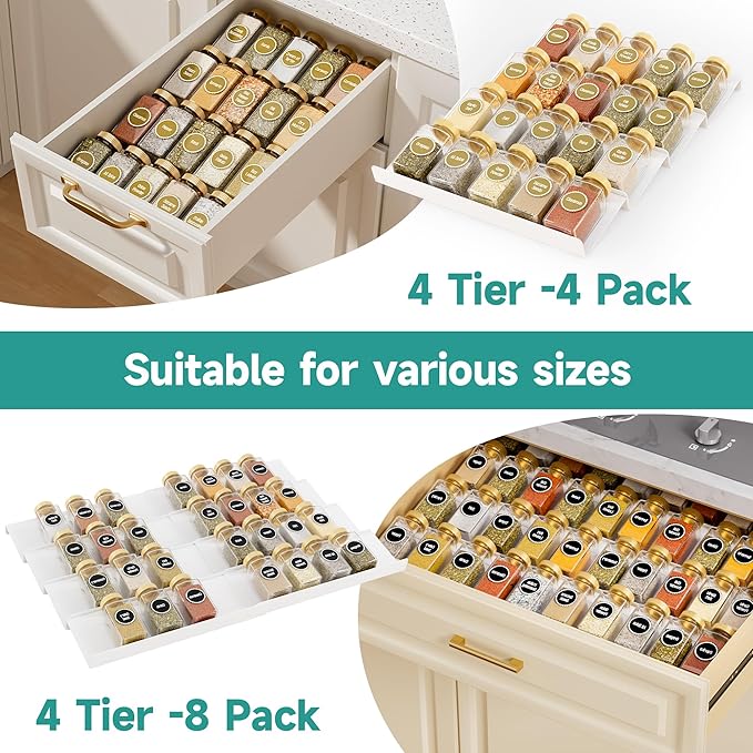 MIUKAA White Spice Drawer Organizer, 4 Tier - 8 Pack Seasoning Organizer for Drawer, Expandable From 13" to 26" Kitchen Drawer Spice Rack (Jars not Included)