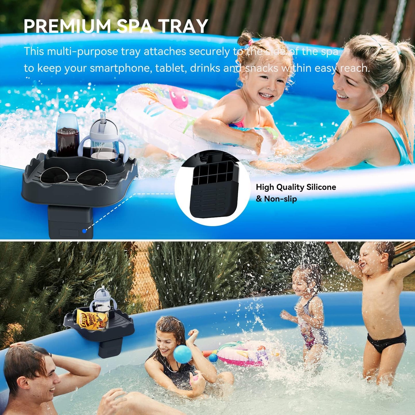 Anivia Hot Tub Table Tray, Adjustable Width 4.3" to 7.7" Hot Tub Accessories for Intex PureSpa, Nonslip Caddy Holds 2 Drinks, Keep Snacks-Drinks Handy and Dry,Fits Outdoor Inflatable Spa/Pool (Gray)