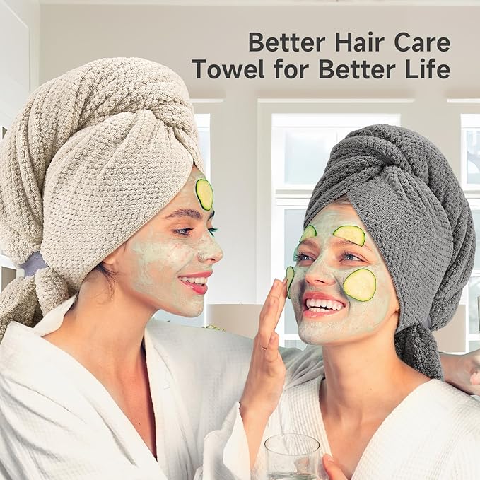 Extra Large Microfiber Hair Towel for Women Curly, Long, Thick Hair, 2 Pack Ultra Absorbent Hair Drying Towel Wrap, Super Soft Anti Frizz Hair Turban with Elastic Loop (Grey, Camel)