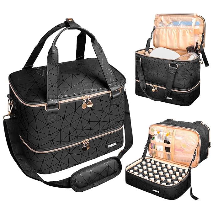 Nail Polish Organizer Bag Holds Nail Lamp& 50 Bottles (15ml/0.5fl.oz), PU Leather Nail Supplies Organizer Case with Shoulder& Holder Strap, Travel Nail Kit Storage for Manicure Tools (Black)