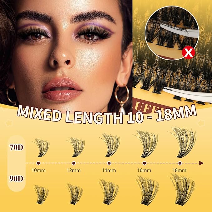 QUEWEL Lash Clusters Kit, 280Pcs 70D+90D 3D Lash Cluster Eyelash Extensions 10-18mm Lash Clusters Kit with Lash Bond and Seal and Lashes Tweezers Easy DIY at Home (70+90D 3D Kit)