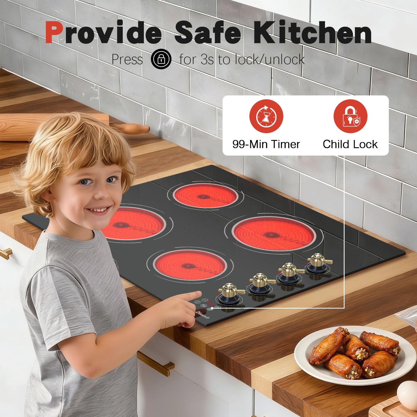 Disaenvir 2 Burner Electric Cooktop - 3000W Drop-in Two Burner Electric Stove 220V, 13 Inch Ceramic Stove with Knob Control, Timer, Safety Lock, Residual Heat Indicator, 220V Hard Wired (No Plug)