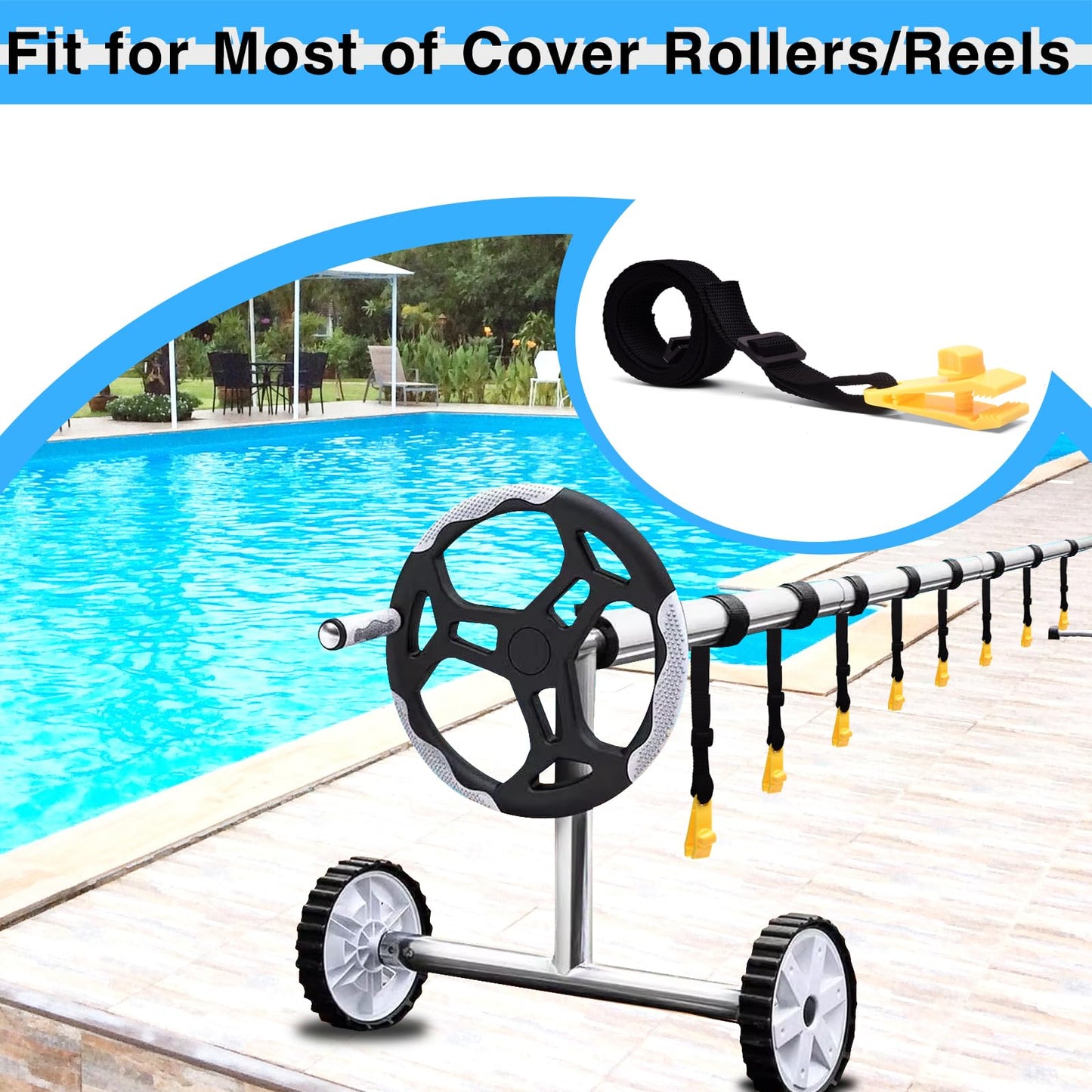 24 Pcs Pool Solar Cover Reel Attachment Kit, Solar Cover Reel Blanket Straps and Clips for Universal Inground Swimming Pool (Yellow, Straps)