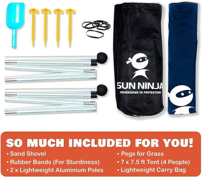 SUN NINJA Pop Up Beach Tent Sun Shelter UPF50+ with Sand Shovel, Ground Pegs and Stability Poles, Outdoor Shade for Camping Trips, Fishing, Backyard Fun or Picnics (7x7.5 FT 2 Pole, Green)