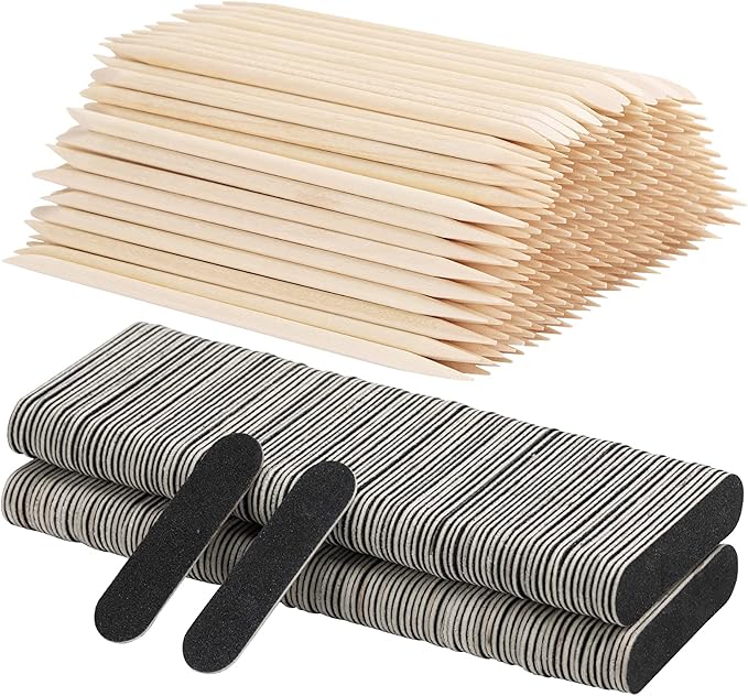 400pcs Nail Files Kit- 200 Mini Nail Files 180/240 Grit, 200pcs Orange Nail Sticks Pedicure Wood Cuticle Pushers