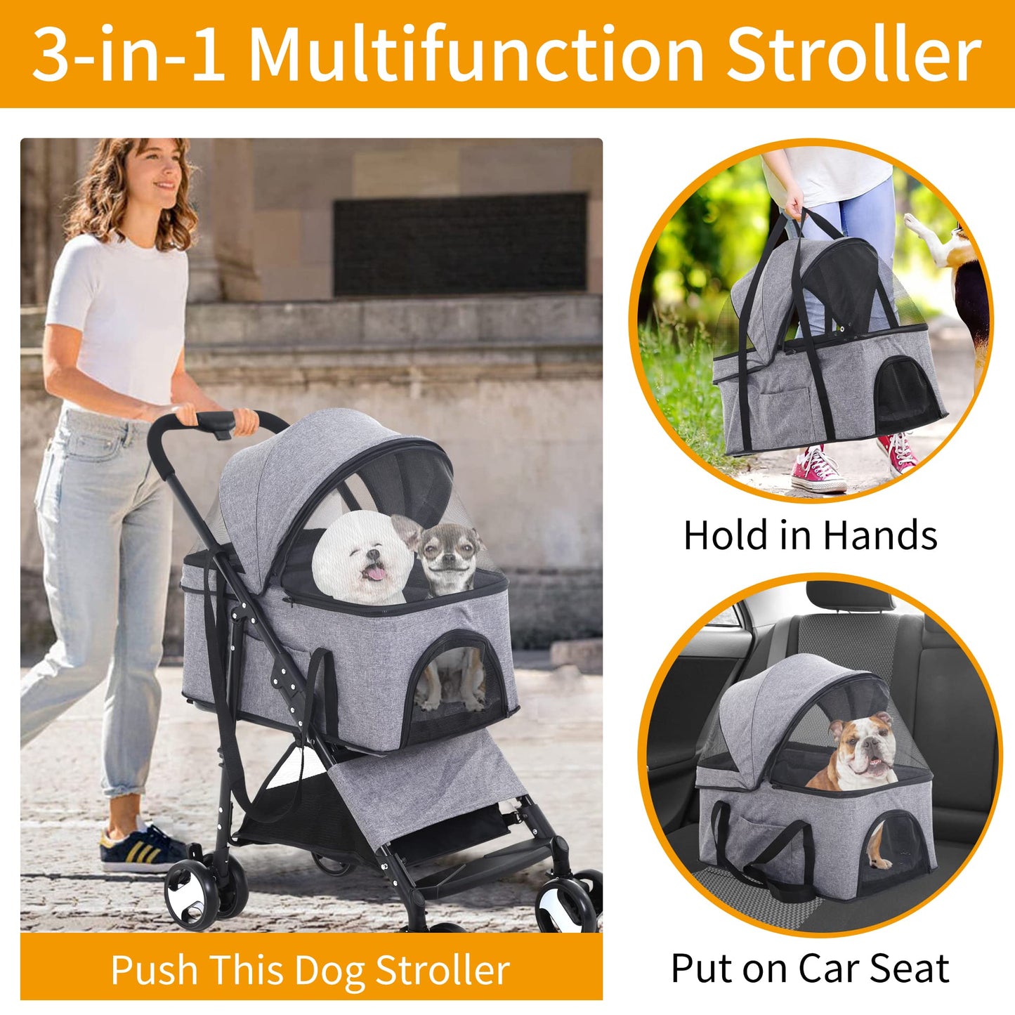 BLKMTY Dog Stroller 3-in-1 Folding Pet Strollers Cat 4 Wheels w/Storage Basket Dog Carrier Trolley One-Button Switch Travel Stroller with Safety Belt Detachable Carrier, Grey