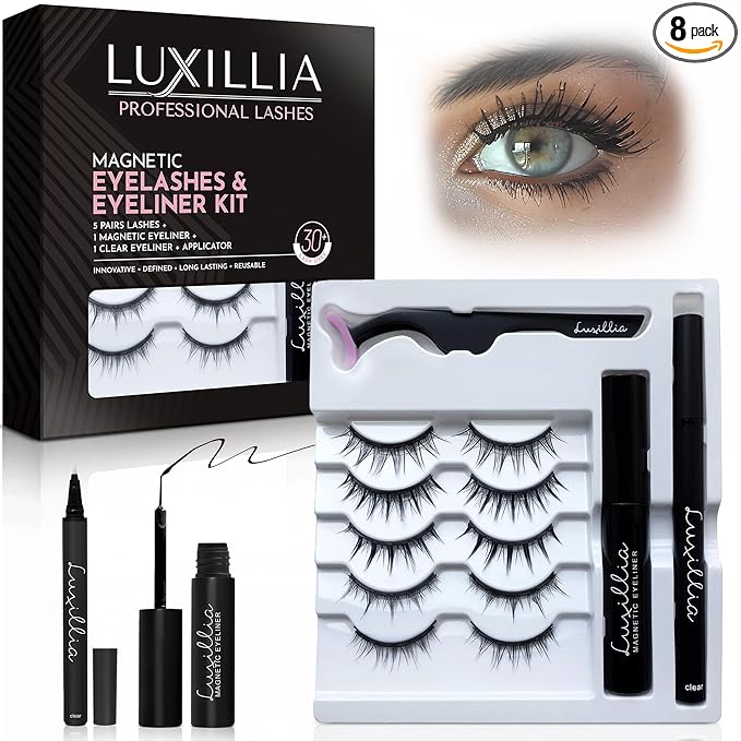 Luxillia 8-Piece Clear & Black Magnetic Eyelashes with Applicator & Magnetic Eyeliner Kit Ã¢ÂÂ Reusable Natural Magnetic Lashes Ã¢ÂÂ Easy Apply Lash Kit for Beginners Ã¢ÂÂ Waterproof Dramatic Looks