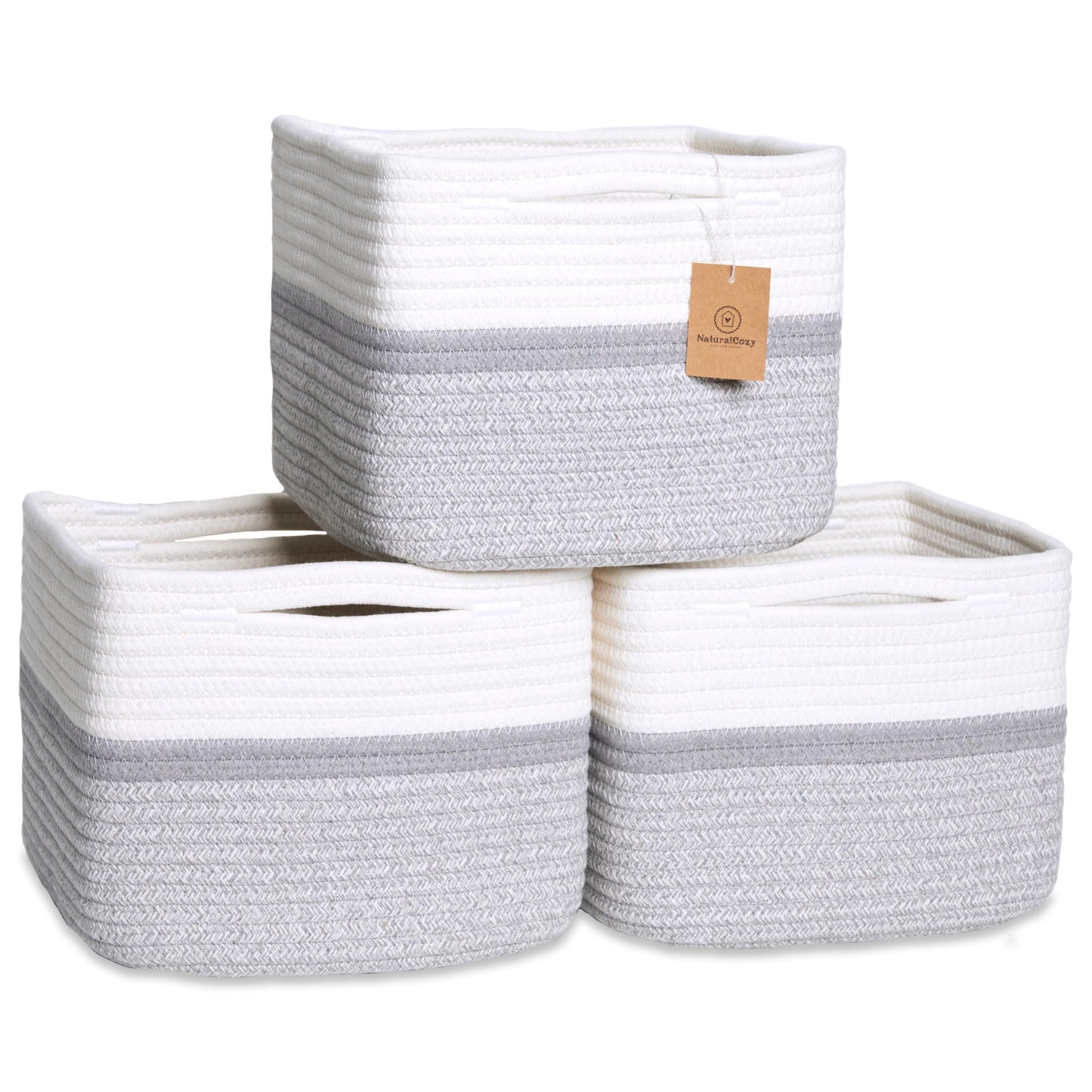 NaturalCozy Storage Cubes 9âx9âx7âCotton Rope Woven Baskets for Organizing 3-Pack | 9 Inch Cube Storage Bin | Small Basket for Shelf Nursery, Pantry, Decorative Plant, Bathroom Closet, Toy Gift