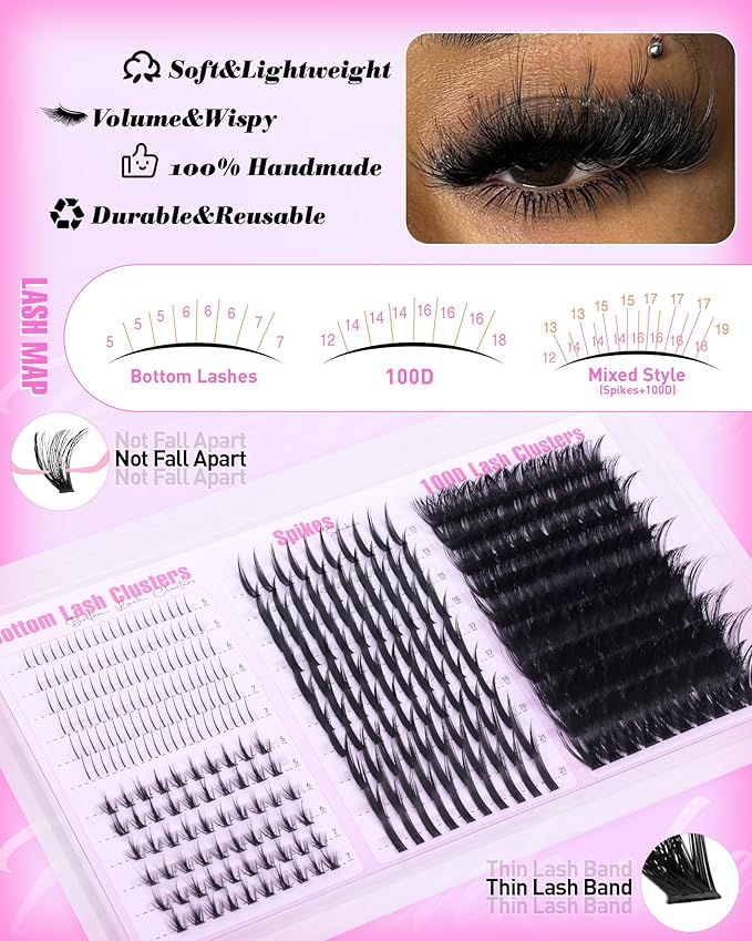 Wispy Lash Clusters with Spikes Volume Eyelash Clusters with 2 Styles Bottom Lashes 100D Mink Cluster Eyelash Extensions 380PCS Spiky Individual Lashes with Bottom Lash Clusters by Boahankuke