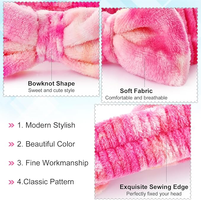 6PCS Spa Headband and Wristband Set for Face Washing, Soft Microfiber Skincare Hairband with Bow, Soft Absorbent Wrist Towels for Women Girls, For Makeup, Facial, Shower, Yoga