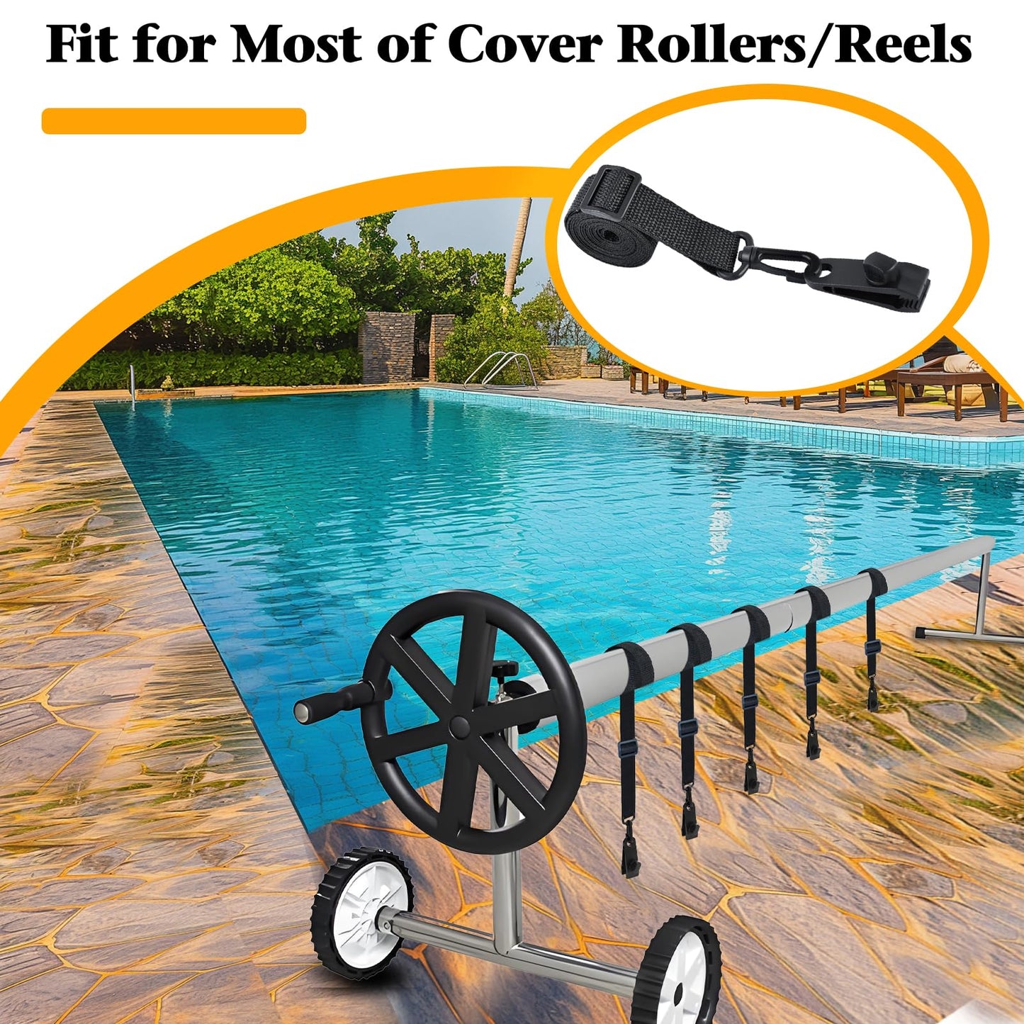 18Pcs Adjustable Length Upgraded Pool Solar Cover Reel Strap Pool Cover Reel Attachment Straps Pool Reel Strap Kit Including 6 Solar Cover Reel Blanket Straps with Hooks,6 Clamps,6 Touch Fastener