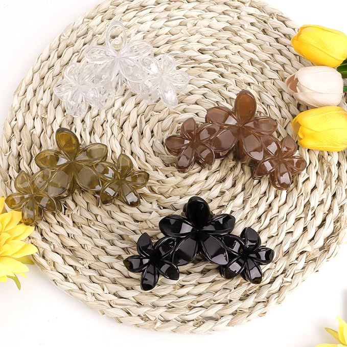 ANBALA 4Pcs Flower Hair Clips for Women Girls Neutral Color Hawaiian Flower Claw Clips for Thick Hair Non Slip Strong Hold Beach Accessories