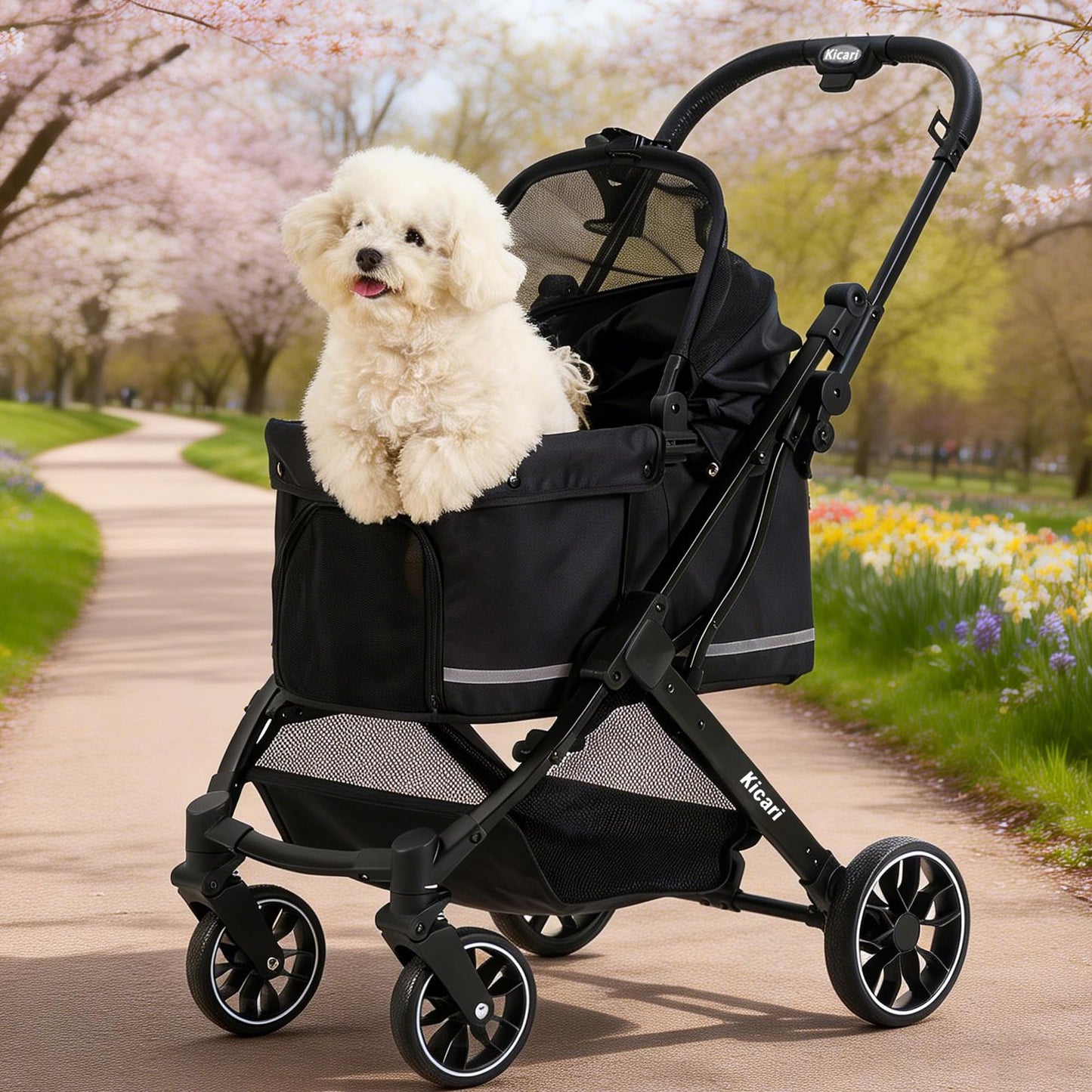 Kicari All-Terrain Dog Stroller for Small to Medium Dogs, Pet Stroller for Dogs & Cats Outdoor Walks, One-Hand Easy Fold, Double-Layer Anti-UV & Waterproof Canopy & Breathable Mesh, Samurai Black