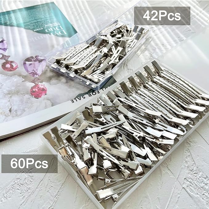 60Pcs Metal Styling Duck Billed Hair Clips, Silver Alligator Roller Clips for Women's Long Hair Styling Sectioning and Pin Curls, Bow DIY, with Case