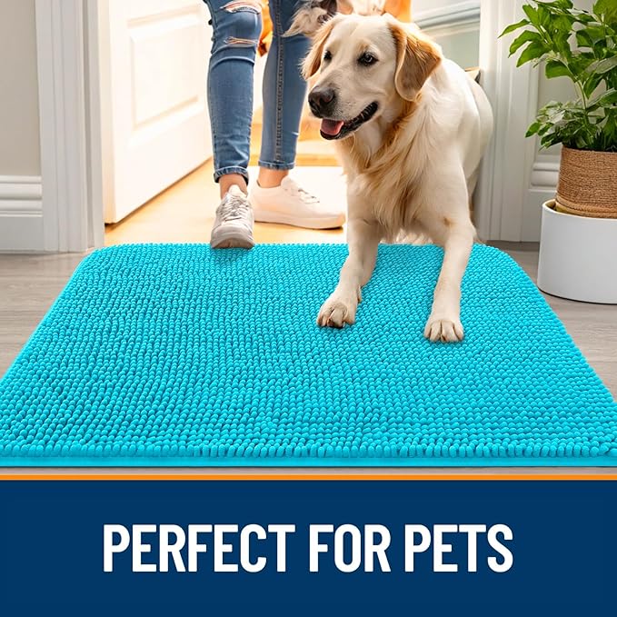 OLANLY Dog Door Mat for Muddy Paws 36x24, Absorbs Moisture and Dirt, Absorbent Non-Slip Washable Doormat, Quick Dry Chenille Mud Mat for Dogs, Entry Indoor Entryway Carpet for Inside Floor, Aqua Blue