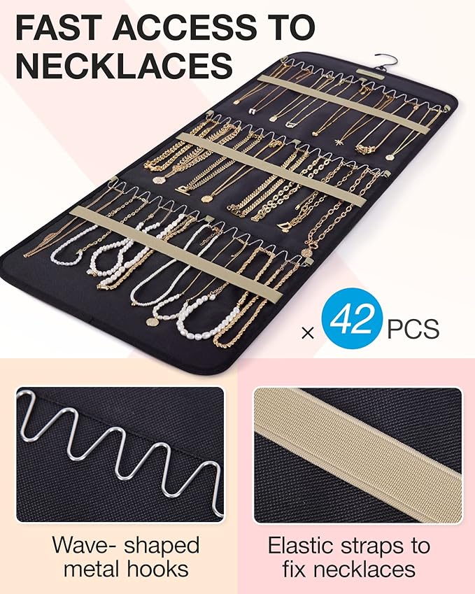 BAGSMART Hanging Jewelry Organizer Storage Roll with Hanger Metal Hooks Double-Sided Jewelry Holder for Earrings, Necklaces, Rings on Closet, Wall, Door, 1 piece, Large, Black
