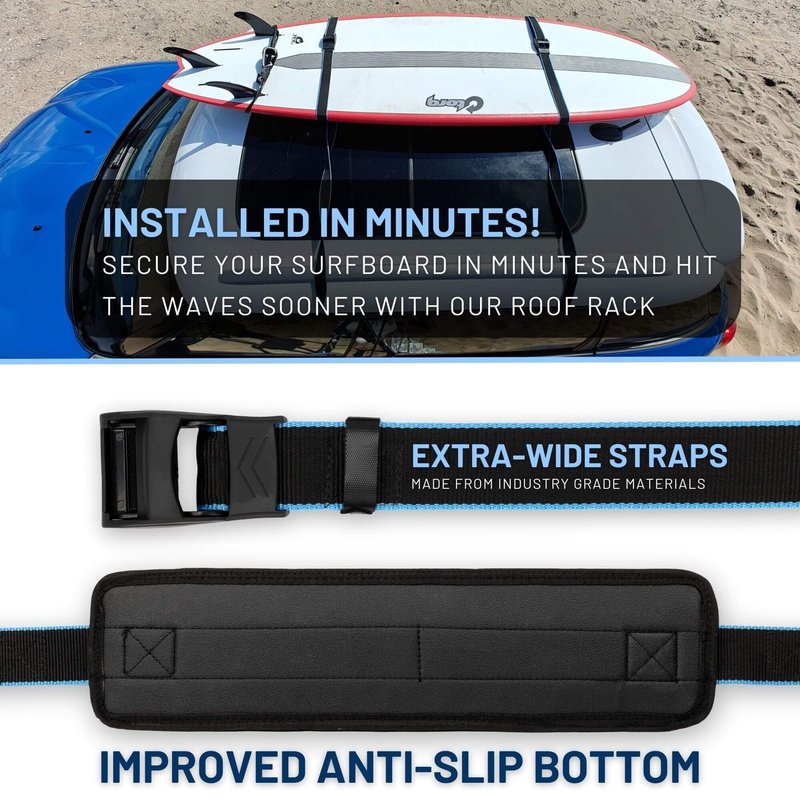 Hang 11 Surfboard Roof Rack - Soft Padded Surfboard Rack for Car, No-Scratch Buckles, Fits Most Vehicles Without Crossbars, Extra-Wide 1.5” Straps, Carries up to 3 Boards (Single / 3 Boards)