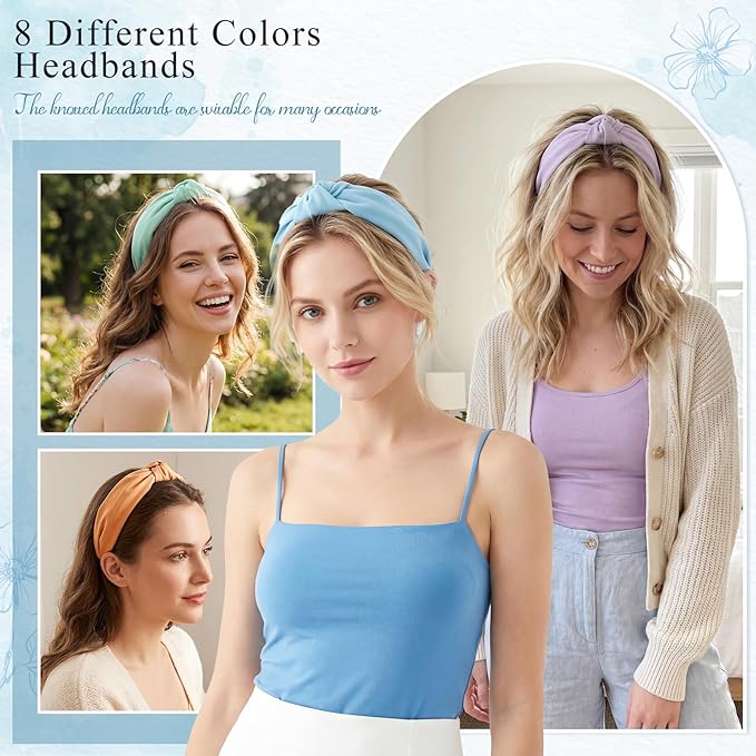 obeoby 8Pcs Girls Headbands, Knotted Headbands for Teen Girls Outdoor Outfit Light Multicolor Series Summer Hairband Mothers Day Gifts for Daughter Hair Accessories Trendy Stuff