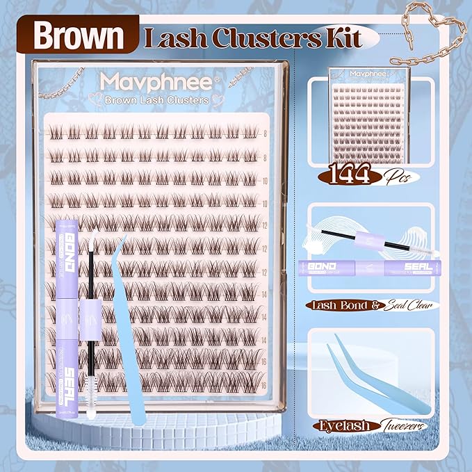 Mavphnee Brown Lash Clusters Kit Natural Eyelash Clusters Dark Brown Eyelash Extensions CC-Curly PestaÃÂ±as Postizas Wispy Individual Lash Extensions Kit 8-16MM Brown Cluster Lashes 144PCS DIY Lash Kit