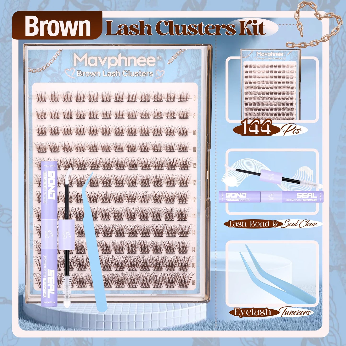 Mavphnee Brown Lash Clusters Kit Natural Eyelash Clusters Dark Brown Eyelash Extensions CC-Curly Pestañas Postizas Wispy Individual Lash Extensions Kit 8-16MM Brown Cluster Lashes 144PCS DIY Lash Kit