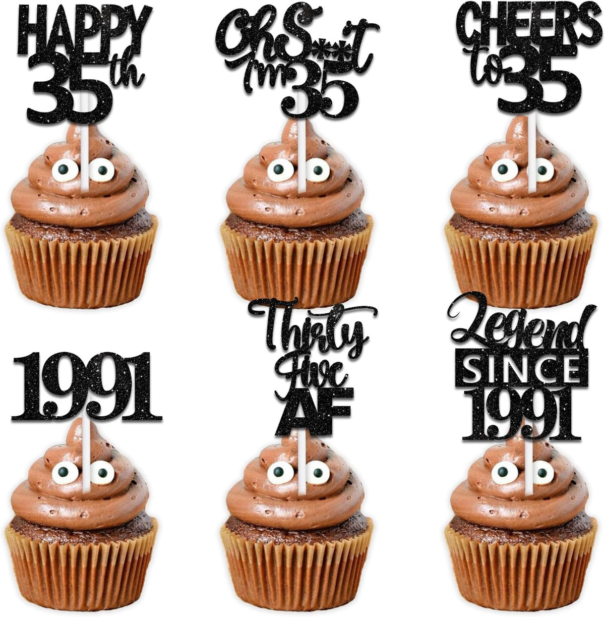 18pcs Black Glitter Happy 35th Dessert Cupcake Topper Pick for Funny Legend Since 1991 Theme Decor Supplies Men Women Happy 35 Birthday Party Decoration