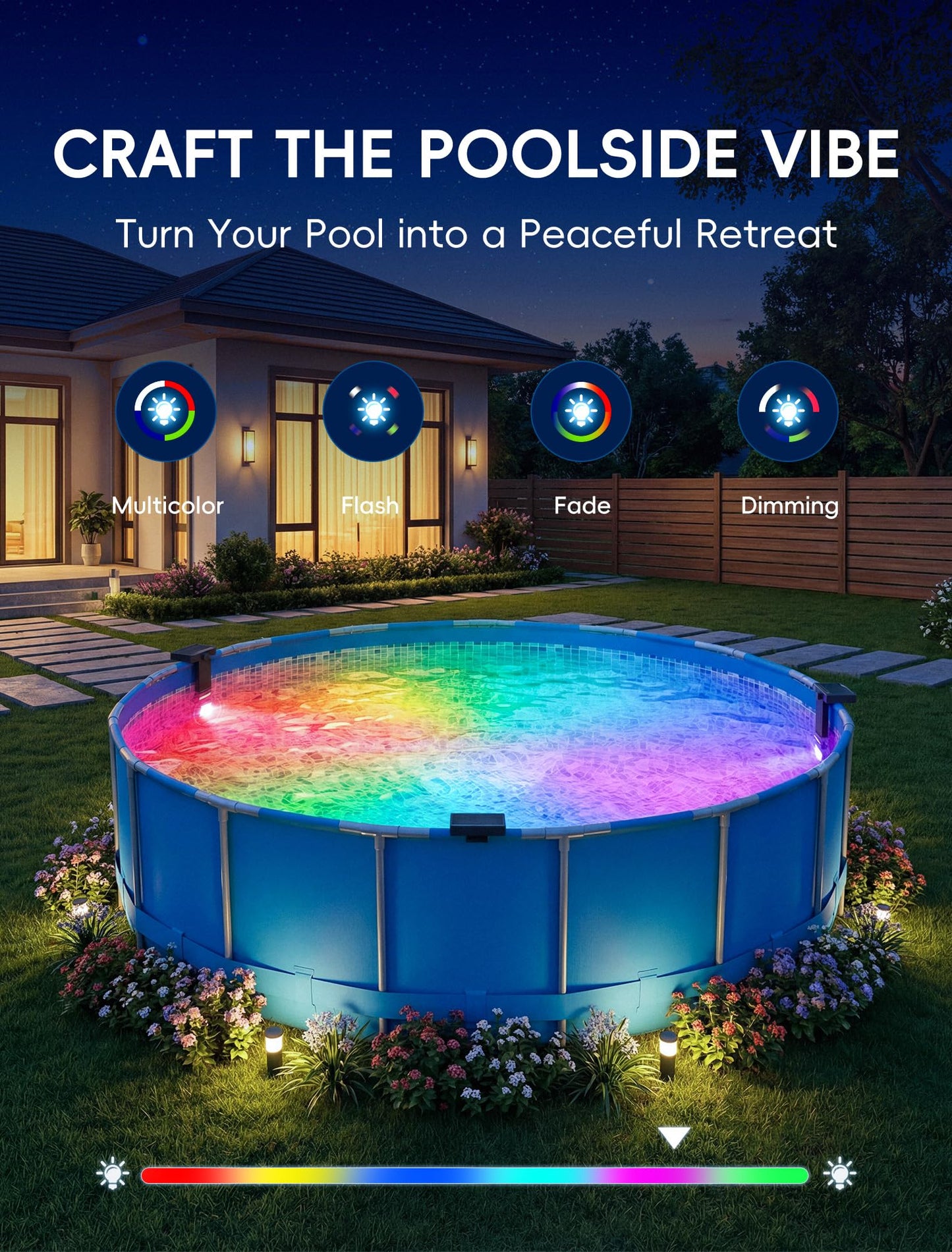 Kompoll Solar Pool Lights for Above Ground Pools(Premium Frame Only), 10-Color 4-Mode LED Poolside Light with Light Sensor, Submersible Underwater Pool Lighting, Remote Control & Timer Off, 1 Pack