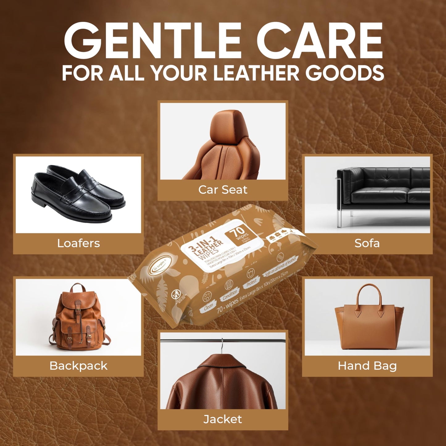 Air Jungles 3in1 Leather Cleaner Wipes 70 Count, Extra Large 8" x 10" Size, Clean Condition Protect Wipes for Vinyl and Leather Apparel Furniture Auto Car Interior Shoes Boots Bags