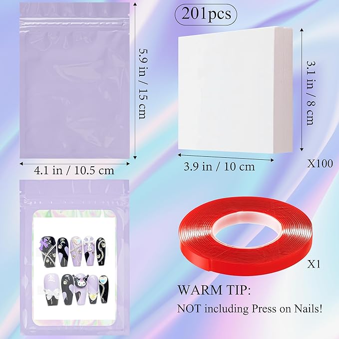100PCS Empty Solid Purple Holographic Nail Storage Bag Press on Nail Packaging Bag and 100PCS Shiny white cardboard Nail Tips Packaging Bags with 1 Roll Transparent Tape