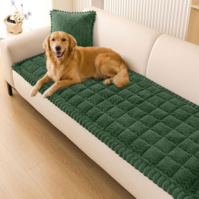 Smiry Non Slip Couch Covers for Dogs, Fuzzy Pet Couch Covers for 2-3 Cushion Sofa Pet Friendly, Soft Sofa Slipcovers Cushion Furniture Protector Washable (Dark Green, 27.6" x 59")