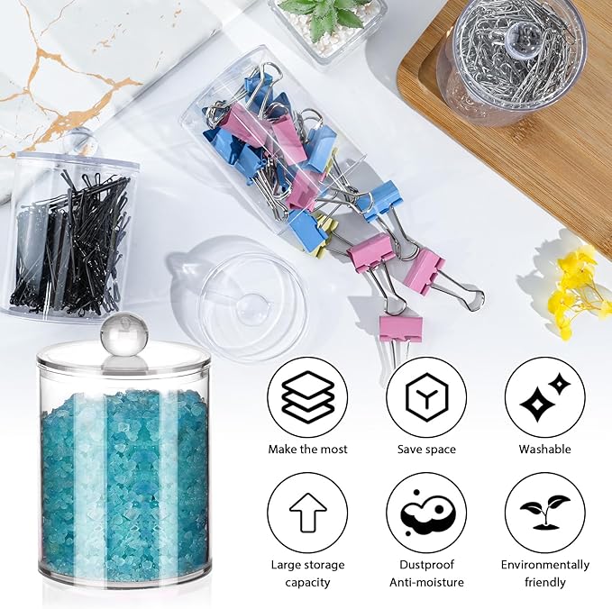 XIPENGKEJI 4 Pack Qtip Holder,Canister Apothecary Jar Set, Bathroom Jars with Lids Set for Cotton Swabs, Balls, Pads, Floss Picks,10oz-12oz Plastic Canisters Restroom Bedroom Vanity Organizer