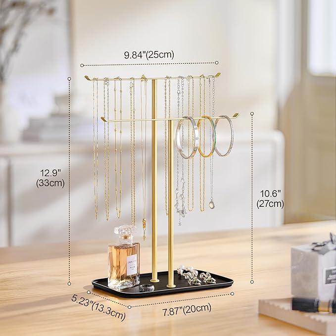 pickpiff Necklace Holder Jewelry Organizer Stand Ã¢ÂÂ 2Ã¢ÂÂTier TÃ¢ÂÂBar Jewelry Display Tree with Tray for Countertop Necklace Bracelet Earring Storage, Vanity Dresser Bathroom Sink, Black-Gold