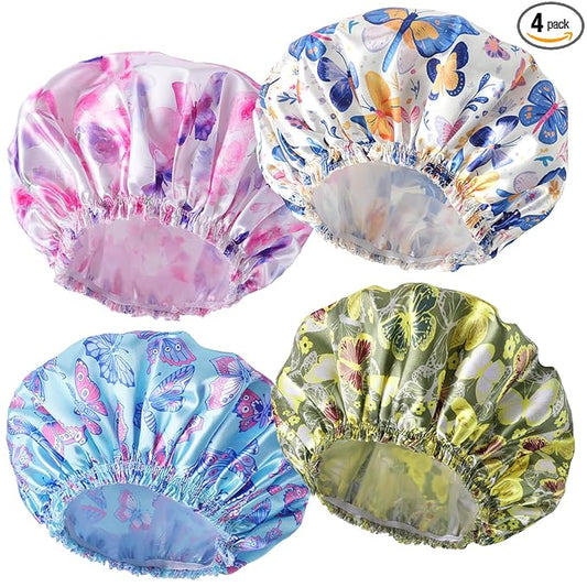4 PCS Shower Cap for Women, Elastic and Reusable Bath Caps, Double Layers Shower Caps Reusable Waterproof, Bathing Shower Caps, Environmental Bath Hair Protection Cap - Butterfly C